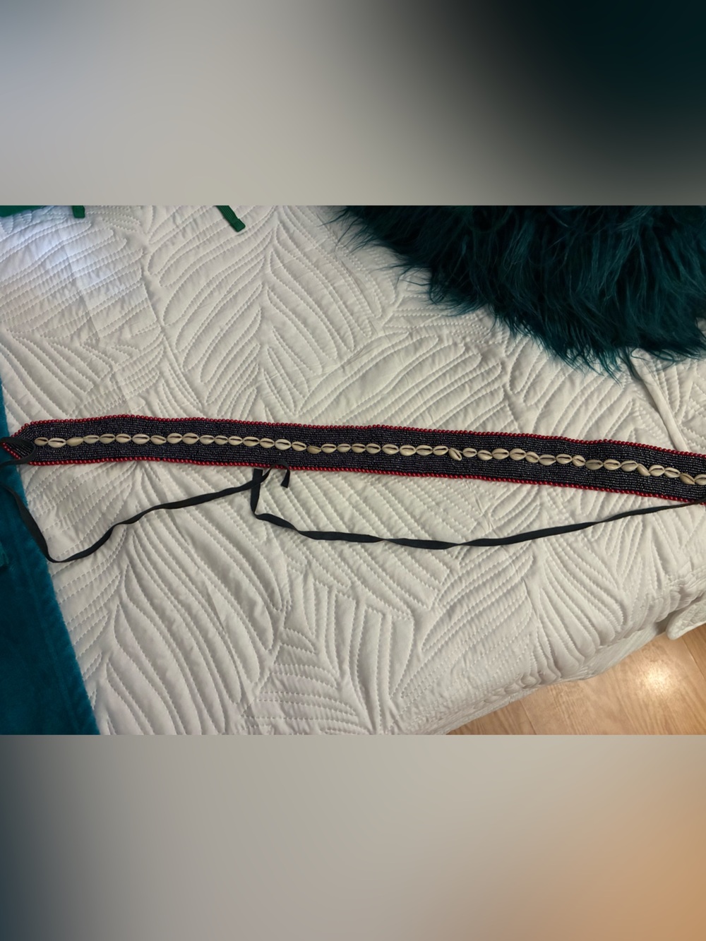 Rare navy Beaded Belt with Red Trim and Shells Detail Tristan & Iseut vintage